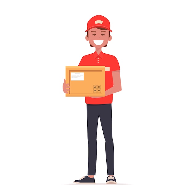 Un courrier en uniforme rouge avec le colis.