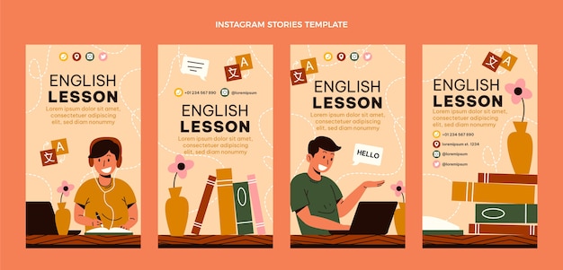 Cours d'anglais au design plat dessinés à la main