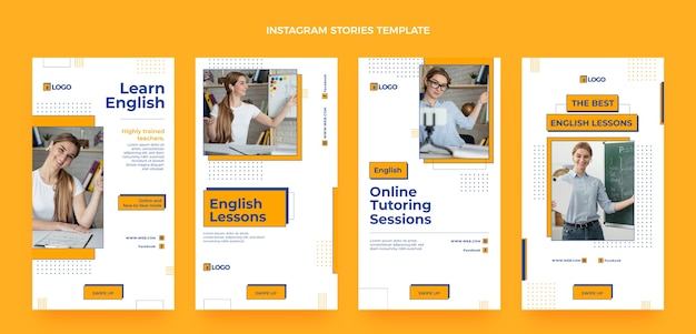 Cours d'anglais design plat histoires instagram