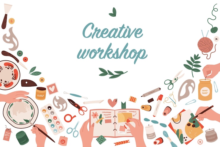Vecteur cours d'art créatif et d'artisanat atelier de passe-temps bannière mains peinture tenant scrapbook