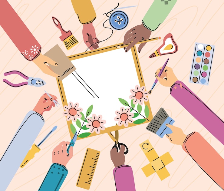 Vecteur cours d'artisanat d'art de bricolage, mains et outils