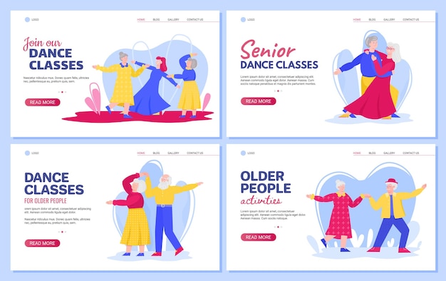 Cours De Danse Pour Les Bannières Web Seniors Mis Illustration Vectorielle Plane De Dessin Animé