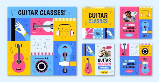 Vecteur cours de guitare dessinés à la main post instagram