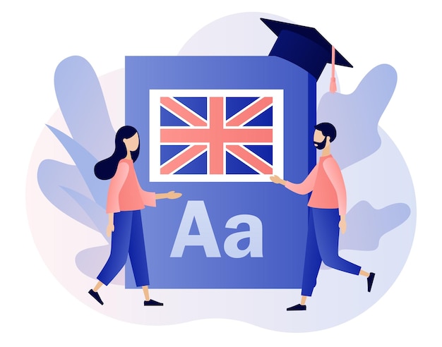 Vecteur cours de langue ou école en ligne petites personnes apprenant l'anglais avec un livre enseignement à distance