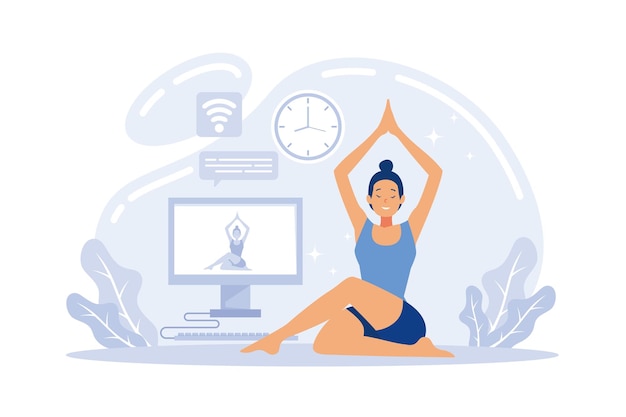 Cours en ligne de studios de yoga Fille regardant des tutoriels de sport en ligne sur un ordinateur portable et s'entraînant à la maison