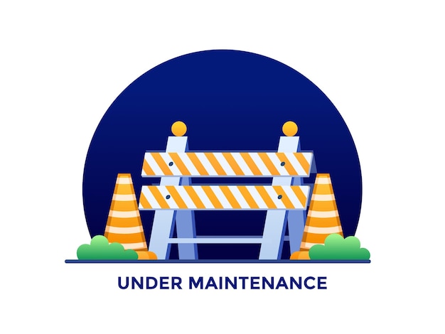 Vecteur en cours de maintenance illustration du site web ou de l'application avec le concept de cône de signalisation et de barrière routière