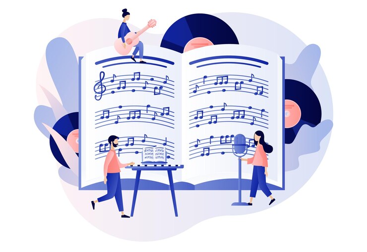 Cours de musique et de chant De minuscules musiciens avec un grand clavier de guitare pour microphone de cahier de musique