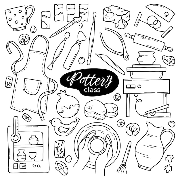 Cours de poterie et atelier de céramique ensemble vectoriel d'icônes de doodle