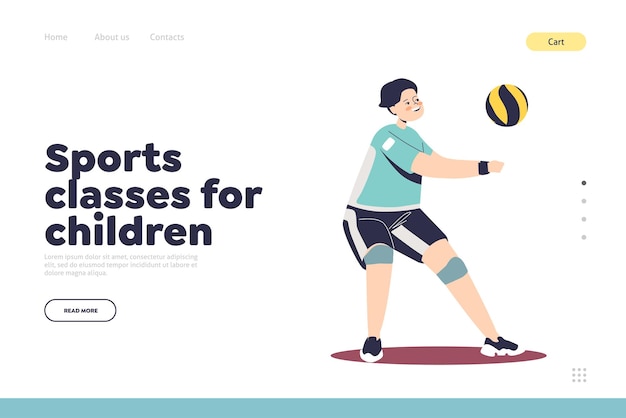 Vecteur cours de sport pour enfants concept de page de destination avec garçon jouant au volley-ball enfant pratiquant des activités d'athlète professionnel jeux d'équipe illustration vectorielle plane de dessin animé