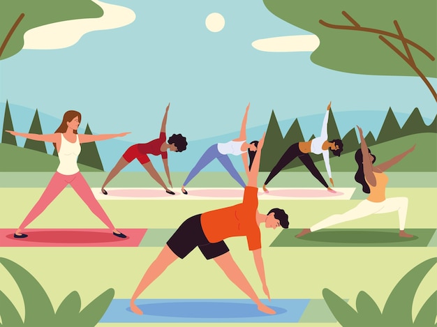 Vecteur cours de yoga de personnes dans le parc