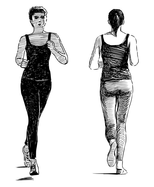 Vecteur la course féminine, le sport, le mode de vie sain, la forme physique, le mouvement, l'activité, les jeunes, les minces, la silhouette, l'esquisse.