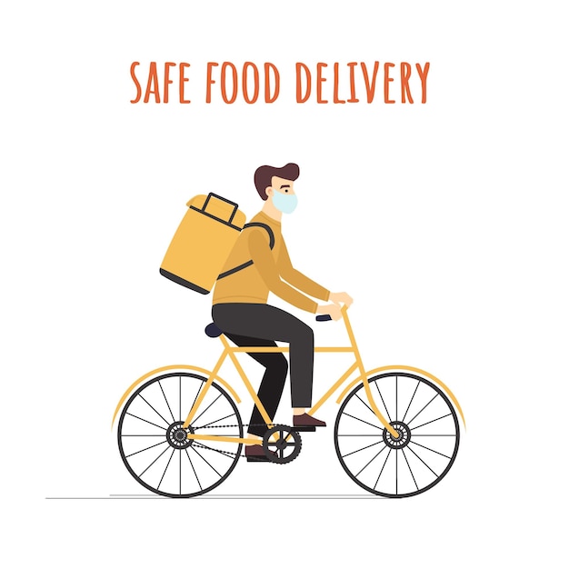 Vecteur un coursier livre de la nourriture commandée en ligne à vélo en quarantaine