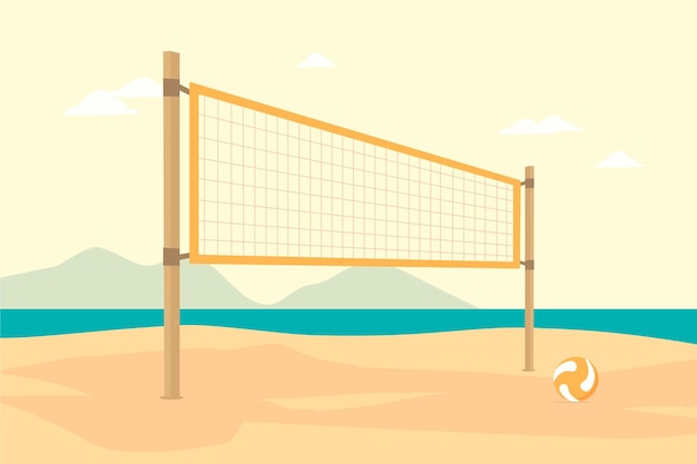 Court de volley-ball de plage avec un fond d'océan design vectoriel plat illustration isolée