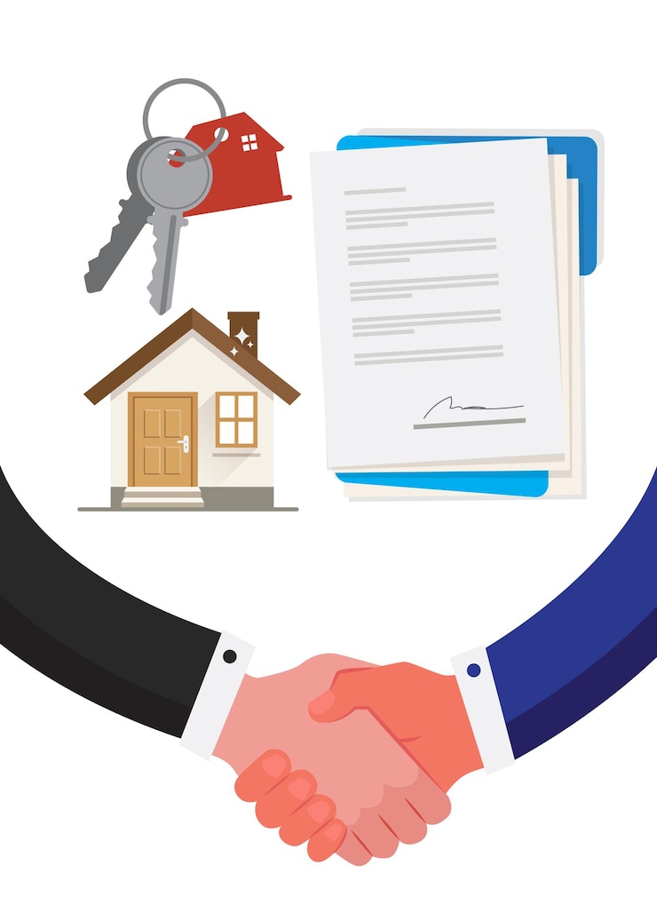 Vecteur le courtage immobilier ou le concept d'illustration d'une poignée de main d'un vendeur