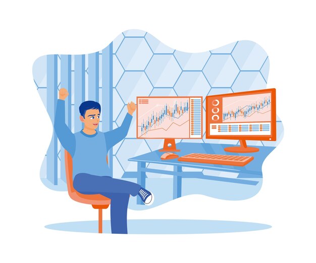 Vecteur un courtier boursier travaille à domicile assis sur une chaise avec les bras levés célébrant le succès du trading.