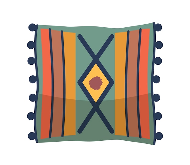 Coussin décoratif de style oriental avec des dessins à rayures, des motifs géométriques et des coussins détaillés.