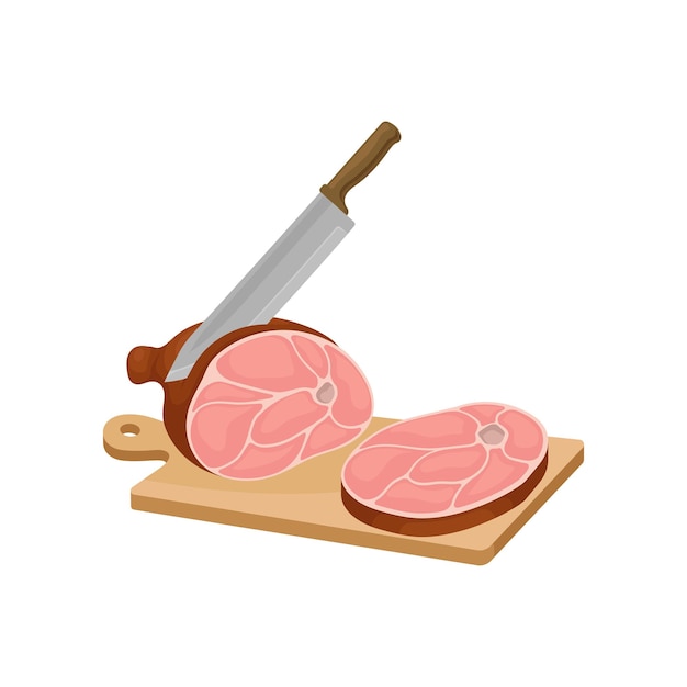 Vecteur couteau coupe un morceau de viande sur une illustration vectorielle de planche