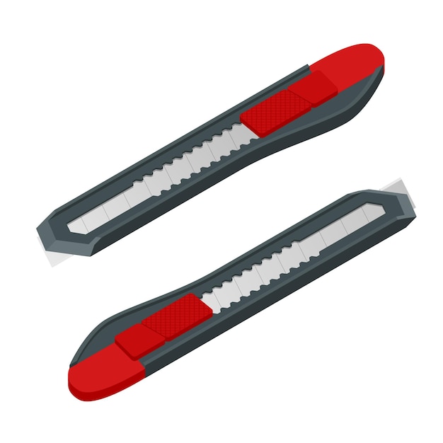 Vecteur couteau isometric box cutter, coupe-papier rouge isolé sur blanc. contour de papeterie, illustration vectorielle de couteau de bureau.