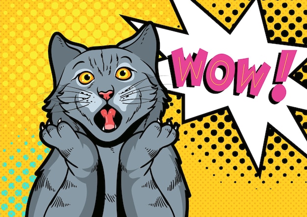 Vecteur une couverture de bande dessinée d'un chat avec le mot wow dessus