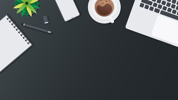 Couverture et bannière du bureau avec gadget Vue de dessus de la table de travail et espace libre pour le texte