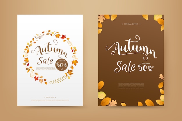 Couverture De Bannière Tag Vente Automne Avec Automne Feuille Sèche Tombant Sur Un Fond Blanc