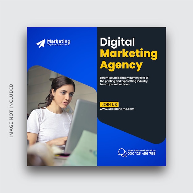 Vecteur une couverture bleue et jaune pour une agence de marketing numérique