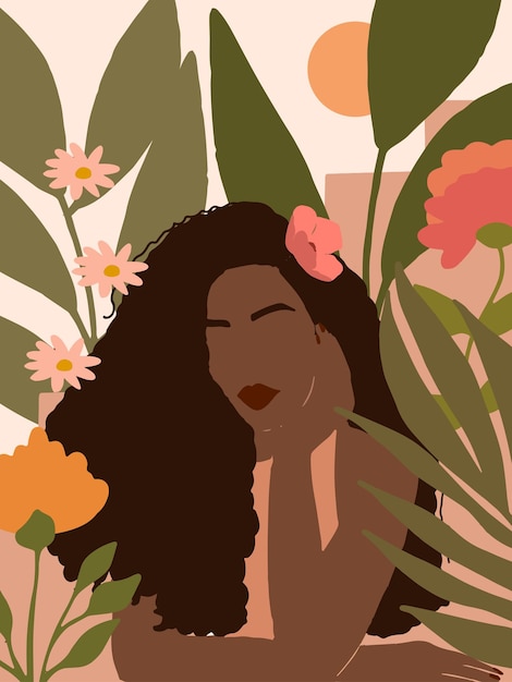 Couverture Boho Peinte à La Main Avec Des Fruits De Branche D'arbre Tropical Et Un Portrait De Femme Noire