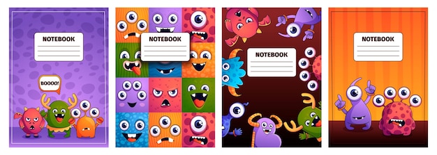 Couverture de carnet de notes de monstres personnages de fantaisie de dessins animés carnet de croquis journal de cartoon vide avec des personnages drôles et des yeux mignons illustration vectorielle d'un carnet de caractères d'animaux