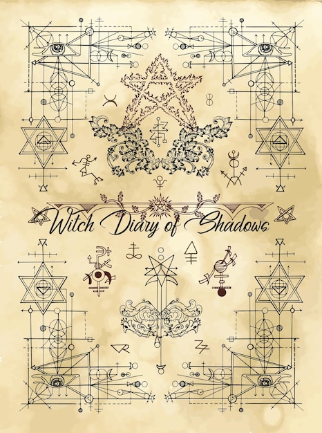 Couverture du journal des ombres de la sorcière avec une géométrie sacrée et des symboles et des signes ésotériques