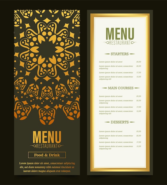 Vecteur couverture du menu du restaurant avec un mandala