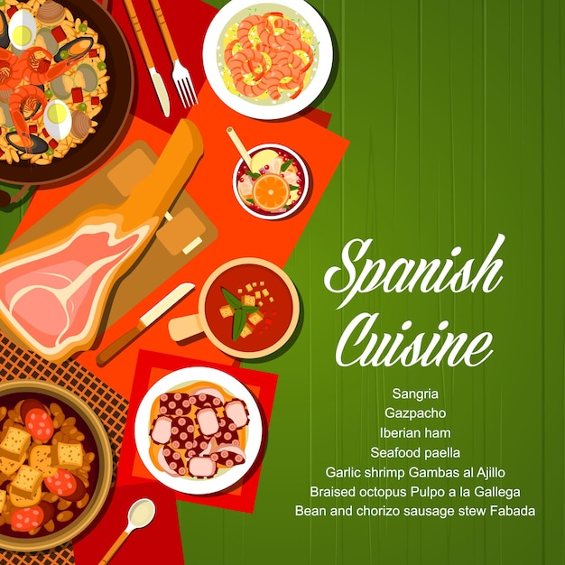Vecteur couverture du menu des repas et des plats de la cuisine espagnole