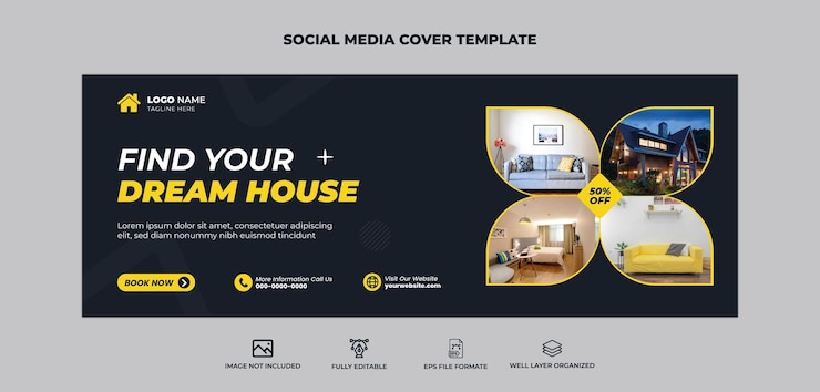 Vecteur couverture facebook de l'immobilier et modèle de couverture des médias sociaux