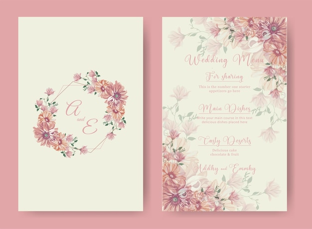 Couverture D'invitation De Mariage élégante Et Modèle De Menu Avec De Belles Fleurs