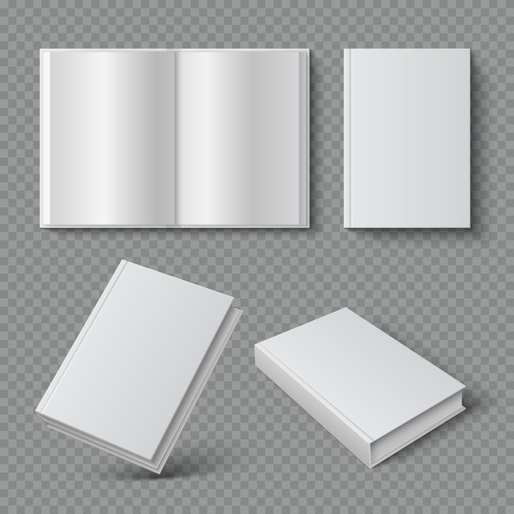 Vecteur couverture de livre réaliste. couverture de brochure vierge, surface de livre blanc, catalogue de magazine de manuels vides. ensemble 3d