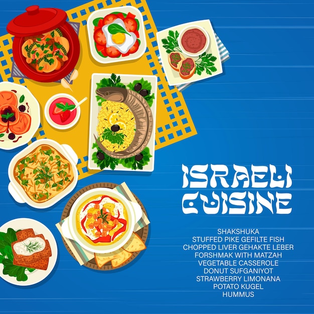 Vecteur couverture de menu de cuisine israélienne israël plats et repas de cuisine juive vecteur cuisine israélienne cuisine traditionnelle forshmak et matzah gefilte poisson avec casserole de légumes et foie haché ou gehakte leber