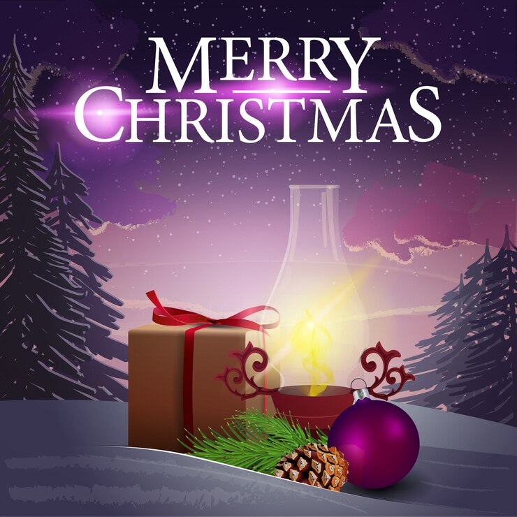 Vecteur couverture de noël avec paysage d'hiver violet et lampe antique