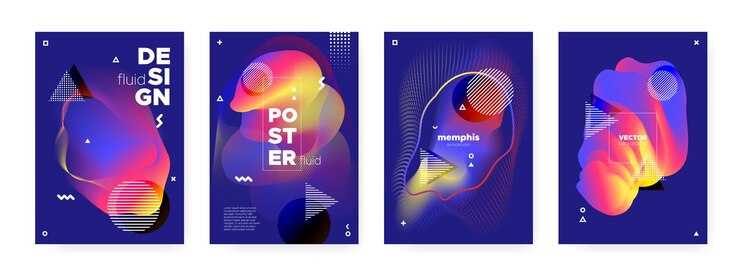 Vecteur couvertures memphis sertie de formes de dégradé liquide vague