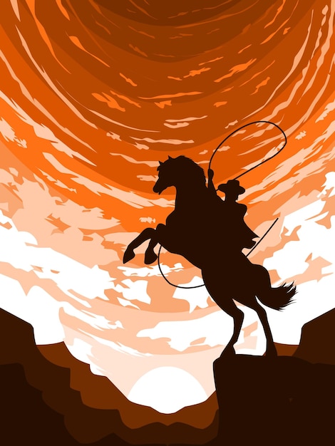 cow-boy, équitation, a, cheval, silhouette