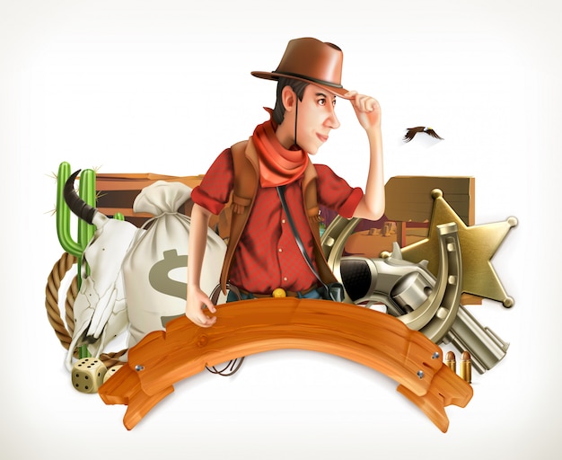 Cowboy Adventure. Style Rétro Occidental. Logo Du Jeu. Emblème 3d