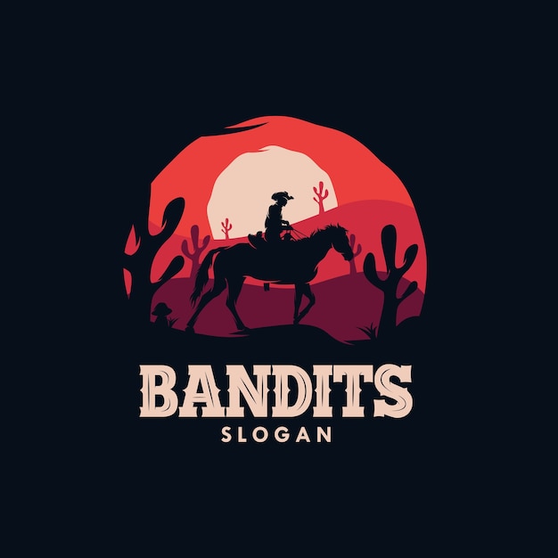 Cowboy Bandit Monté Sur Un Cheval Dans Le Logo De La Nuit