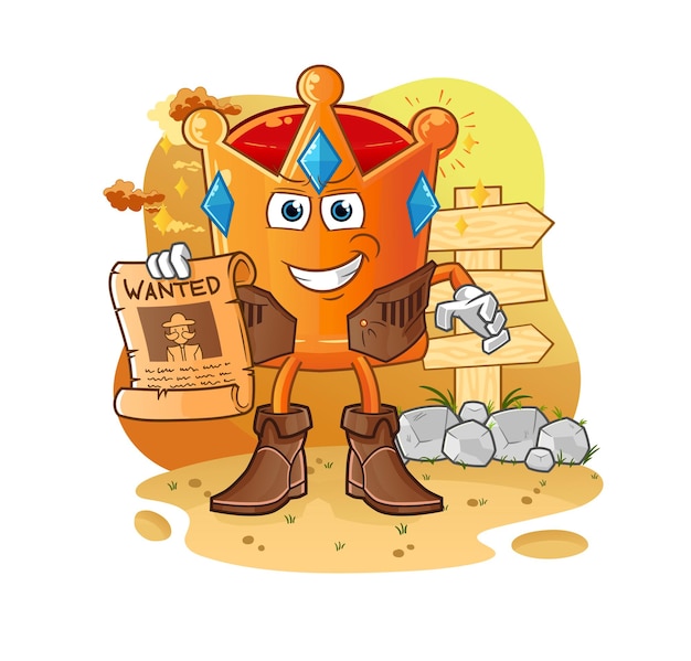 Le cowboy de la couronne avec du papier recherché. mascotte de dessin animé