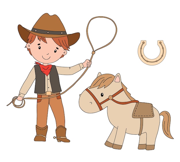 Vecteur cowboy avec lasso et cheval illustration de dessin animé enfantine isolée sur fond blanc