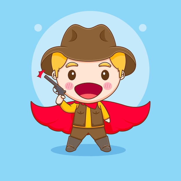 Cowboy Mignon Avec Illustration De Caractère Chibi Pistolet Et Manteau Rouge