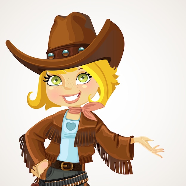 Cowgirl En Grand Chapeau Montre La Main Sur Le Côté Et Parle Portrait D'une Jolie Fille