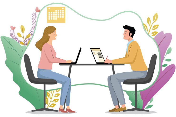 Vecteur coworking deux personnes travaillant ensemble à un bureau