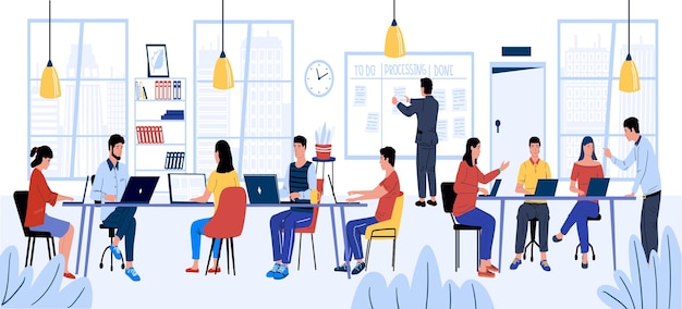 Coworking Hommes et femmes de dessin animé travaillant avec un ordinateur portable Freelance et travail d'équipe dans un bureau moderne à espace ouvert dans la communication des gens de la ville et les processus commerciaux Illustration vectorielle à plat sur le lieu de travail