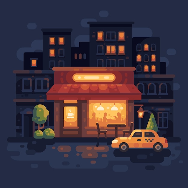 Cozy Night Street Café Illustration De Plat Illustration. Fond De Rue En Soirée