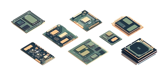 CPU défini dessin animé plat isolé sur fond blanc illustration isométrique vectoriel
