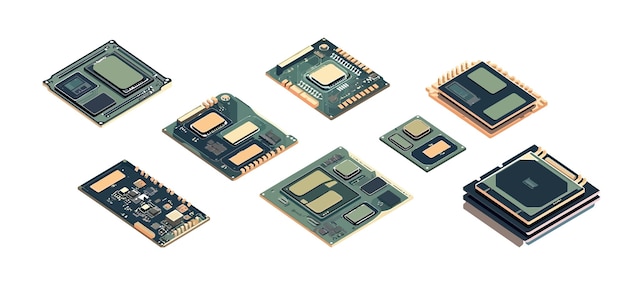 Vecteur cpu défini dessin animé plat isolé sur fond blanc illustration isométrique vectoriel