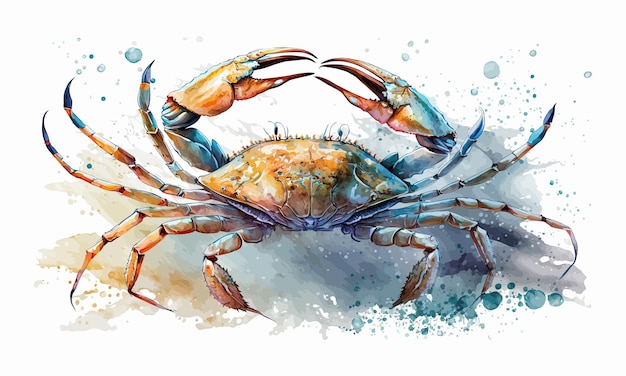 Crabe aquarelle fond blanc peintures illustration couleurs saturées juteuses coquille griffes écrevisses puissante forte plage mer nature mer animaux concept illustration vectorielle